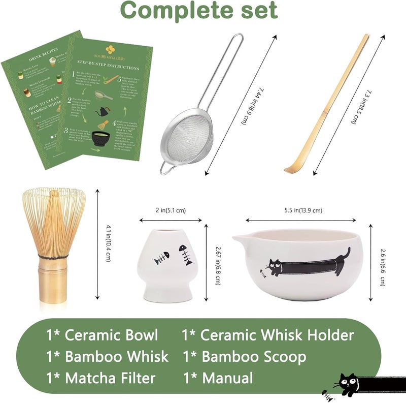 KOIMYSA Matcha Whisk Set Cat Themed, Cute Japanese Matcha Set Preparation Gift Kit Including Ceramic Bowl and Whisk Holder, Bamboo Scoop, Birthday Gift for Women Girls Wife, White - Image 3